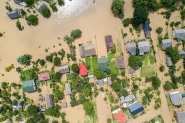 Aerial view of flooded houses with dirty water of Dnister river in Halych town, western Ukraine.